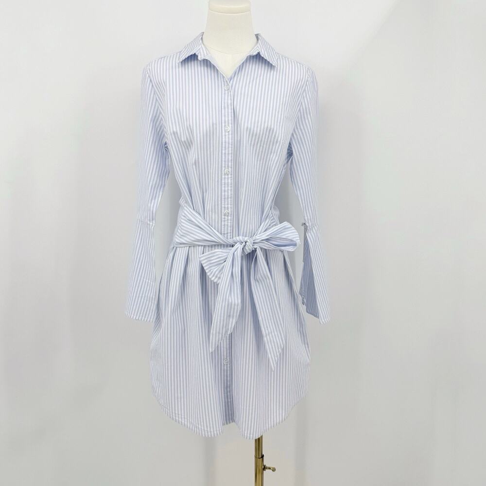 A New Day Blue White Striped Shirt Dress Tie Waist Button Front Size M Workwear
